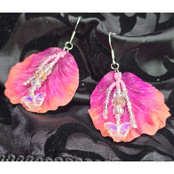 Crafted .925 Sterling Silver Pink Hibiscus Gemstone Ornamental Dangle Earrings - Picture 1 of 6
